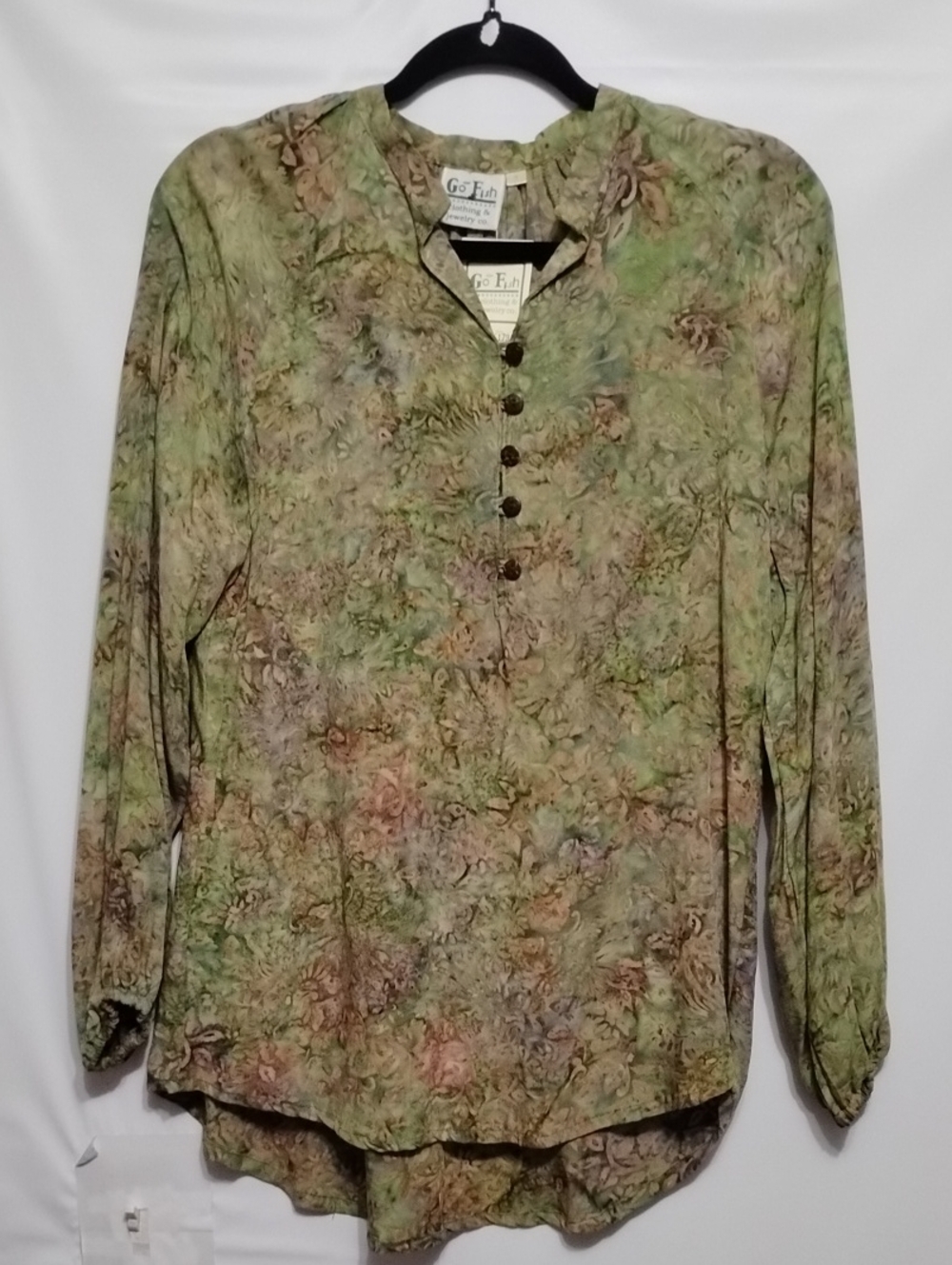 GO FISH CO Floral Watercolor Lightweight Tunic Green Button Henley Tunic S